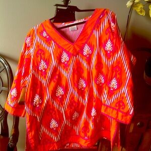 Gretchen Scott XL tunic in orange, purple white medallions.